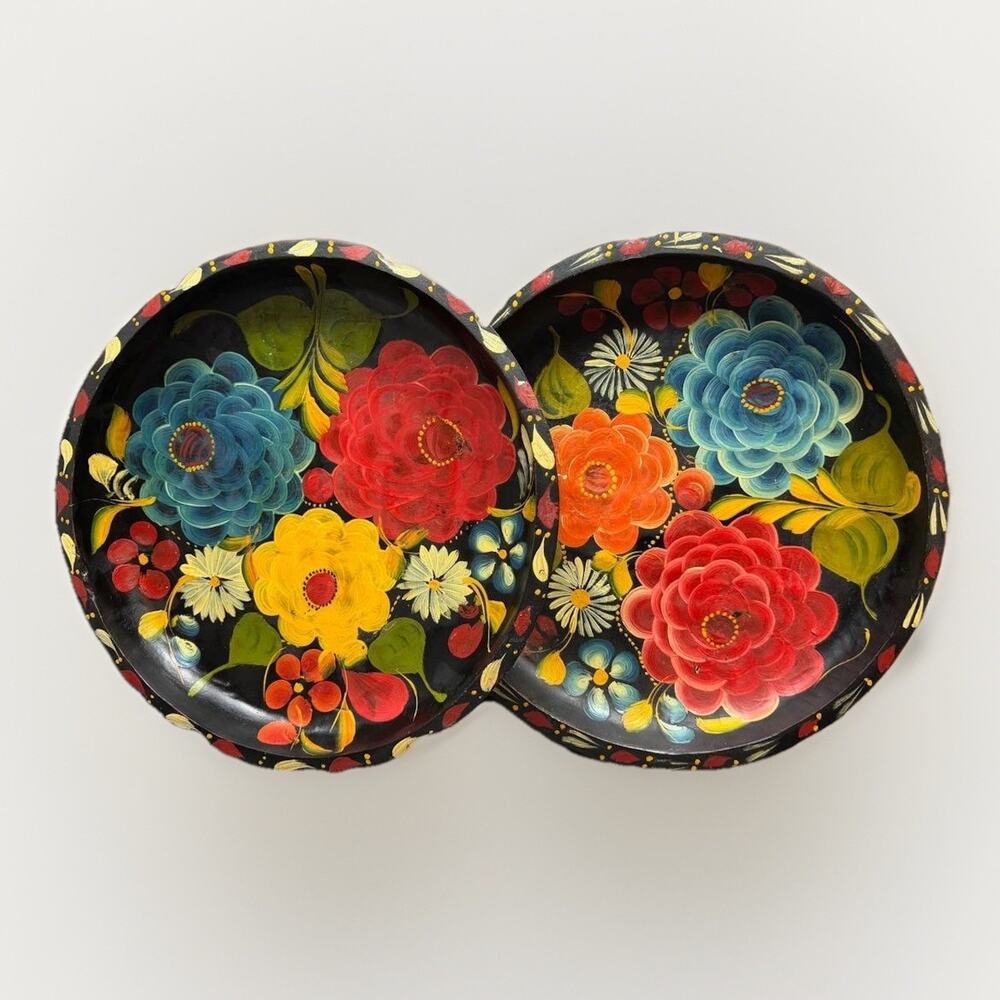 Vintage Hand Painted Wooden Bowl Set of 2 Floral Folk Art Mexico